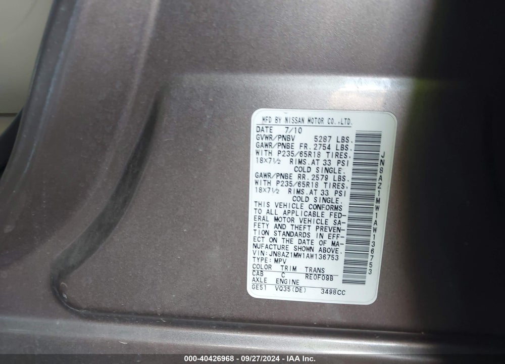 2010 NISSAN MURANO SL VIN: JN8AZ1MW1AW136753