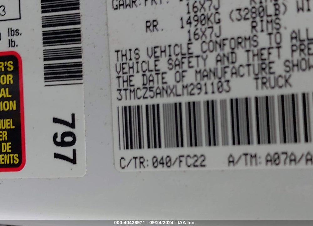 2020 TOYOTA TACOMA SR5 V6 VIN: 3TMCZ5ANXLM291103
