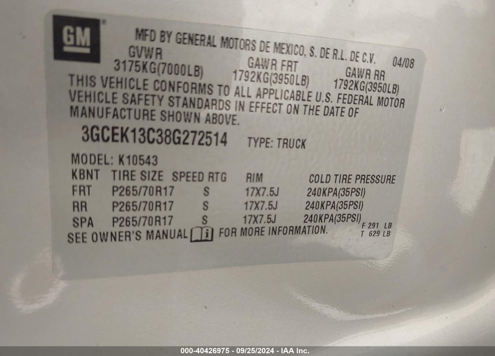2008 CHEVROLET SILVERADO 1500 LT1 VIN: 3GCEK13C38G272514