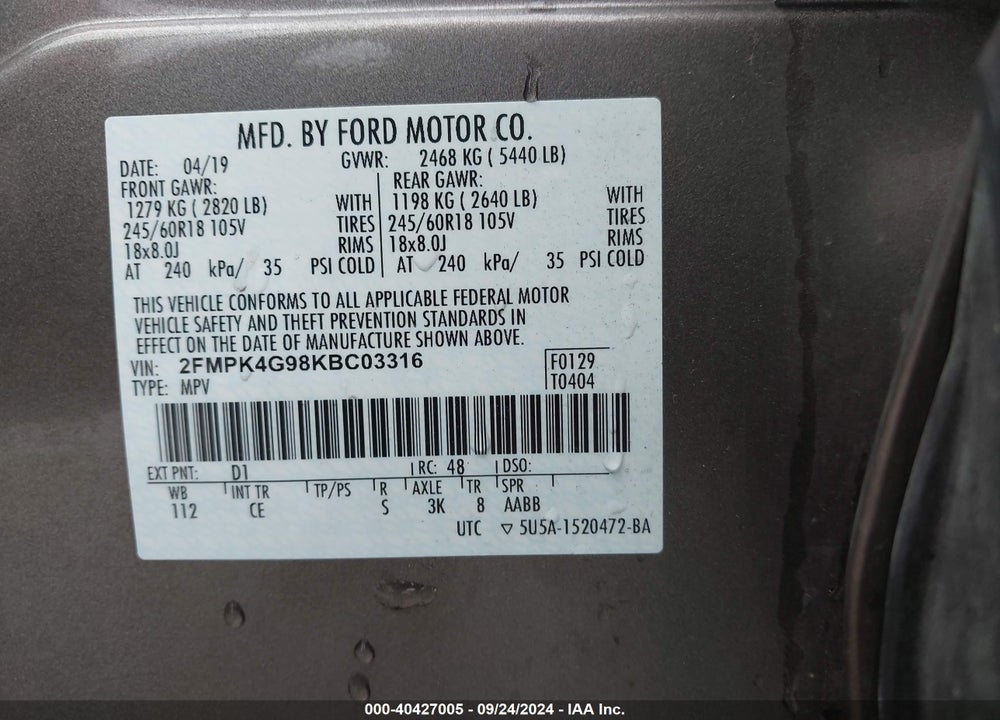 2019 FORD EDGE SE VIN: 2FMPK4G98KBC03316