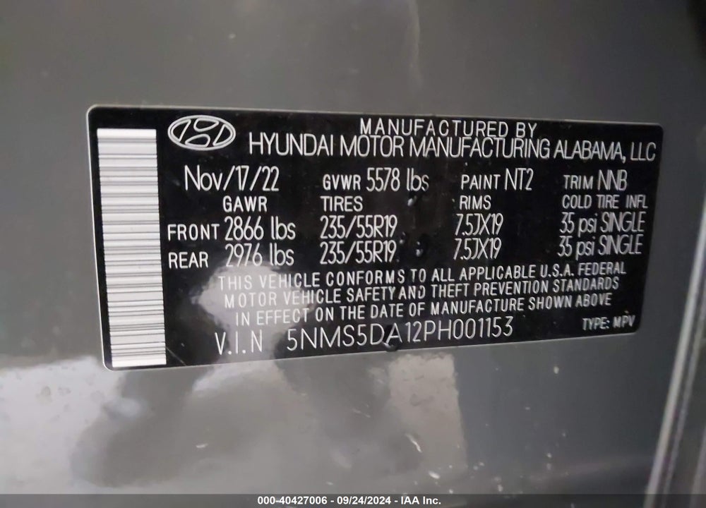 2023 HYUNDAI SANTA FE HYBRID LIMITED VIN: 5NMS5DA12PH001153