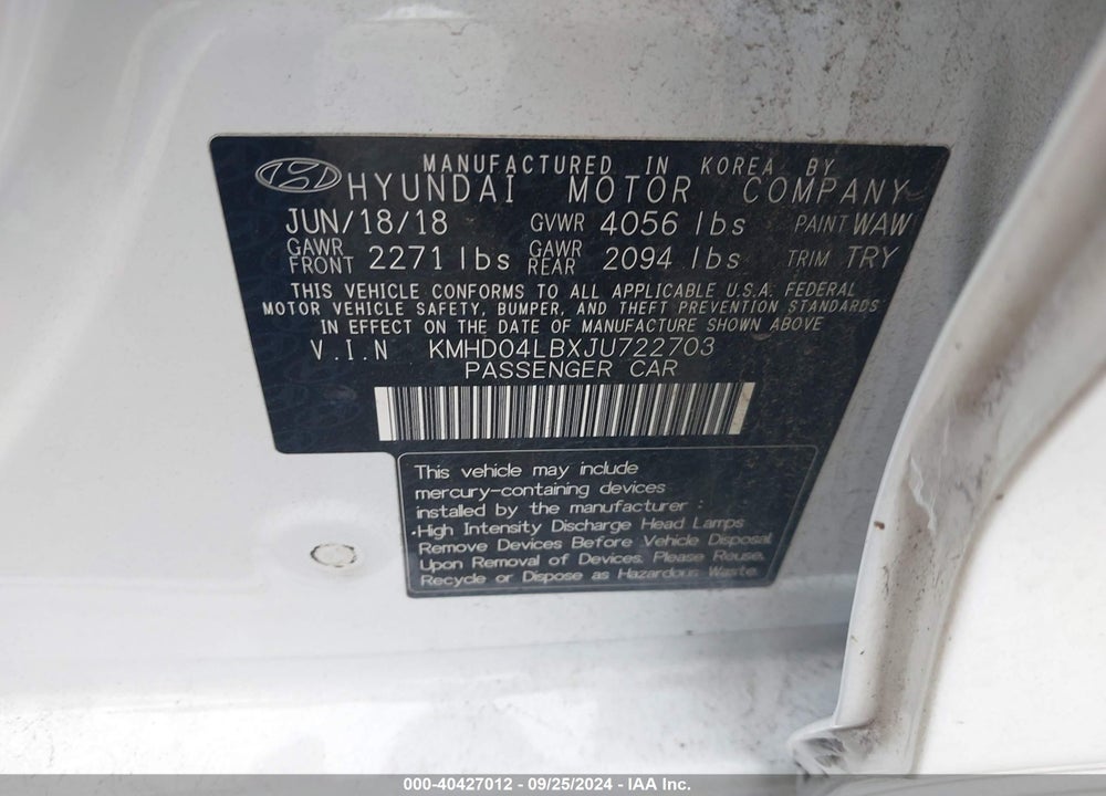 2018 HYUNDAI ELANTRA SPORT VIN: KMHD04LBXJU722703