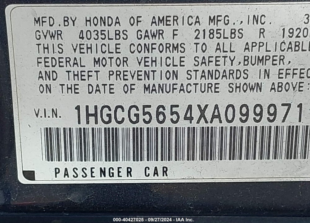 1999 HONDA ACCORD EX VIN: 1HGCG5654XA099971