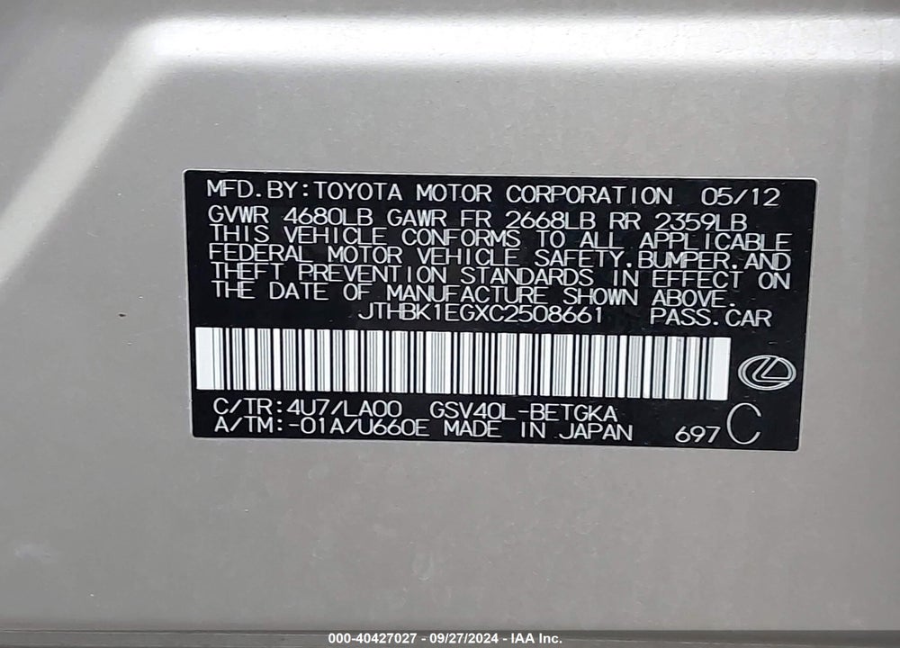 2012 LEXUS ES 350 VIN: JTHBK1EGXC2508661