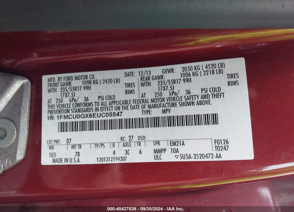 2014 FORD ESCAPE SE VIN: 1FMCU0GX6EUC05547