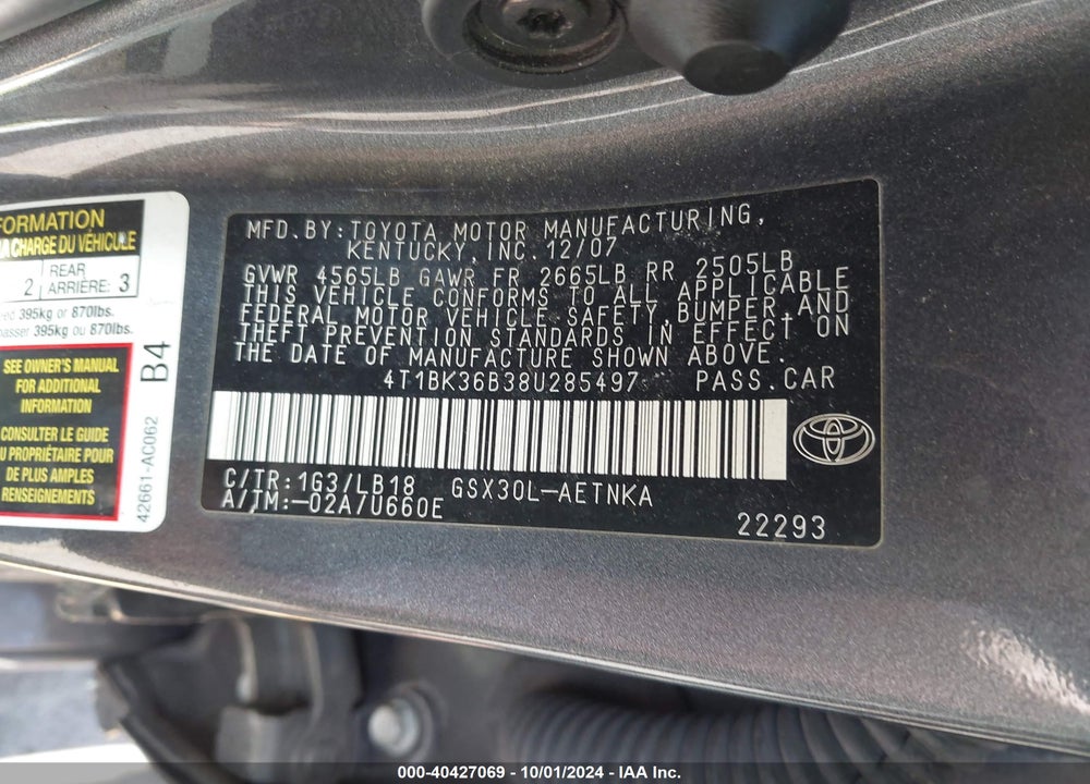 2008 TOYOTA AVALON TOURING VIN: 4T1BK36B38U285497