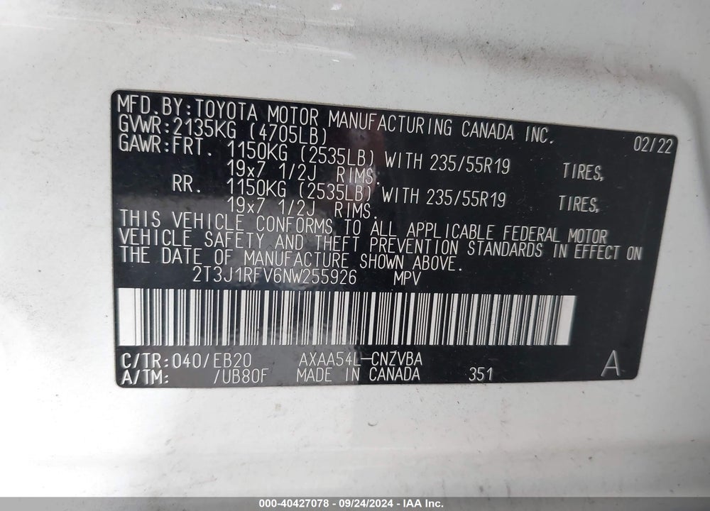 2022 TOYOTA RAV4 ADVENTURE VIN: 2T3J1RFV6NW255926