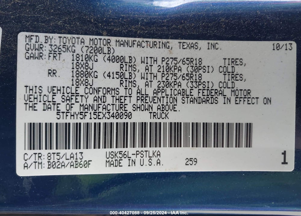 2014 TOYOTA TUNDRA LIMITED 5.7L V8 VIN: 5TFHY5F15EX340090