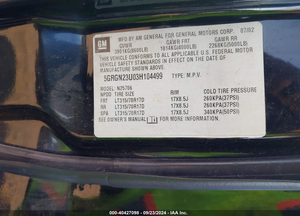2003 HUMMER H2 VIN: 5GRGN23U03H104499