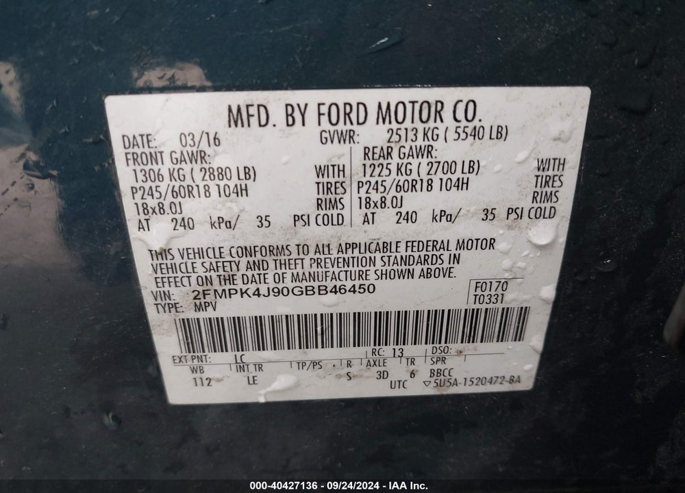 2016 FORD EDGE SEL VIN: 2FMPK4J90GBB46450