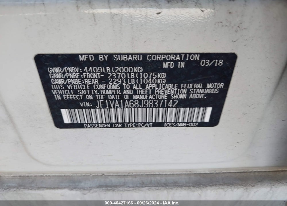 2018 SUBARU WRX VIN: JF1VA1A68J9837142