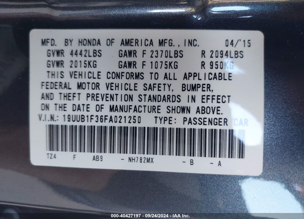 2015 ACURA TLX VIN: 19UUB1F36FA021250