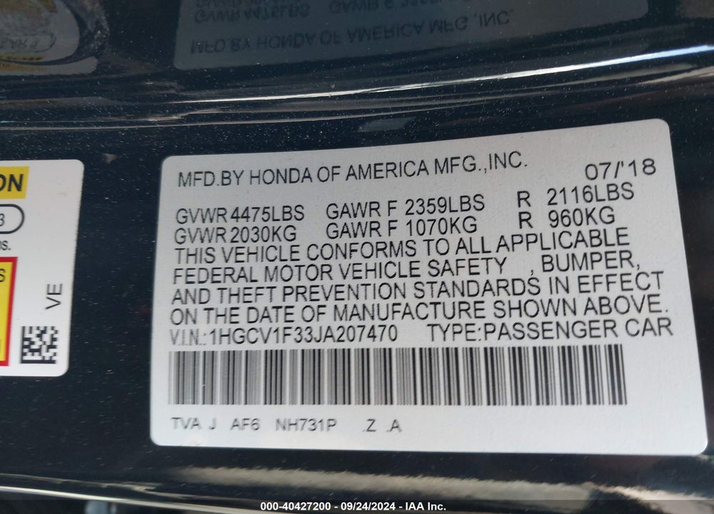 2018 HONDA ACCORD SPORT VIN: 1HGCV1F33JA207470