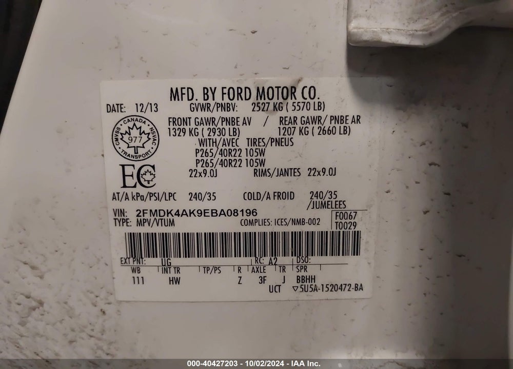 2014 FORD EDGE SPORT VIN: 2FMDK4AK9EBA08196