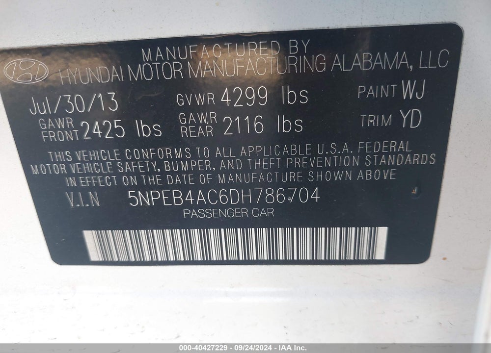 2013 HYUNDAI SONATA GLS VIN: 5NPEB4AC6DH786704