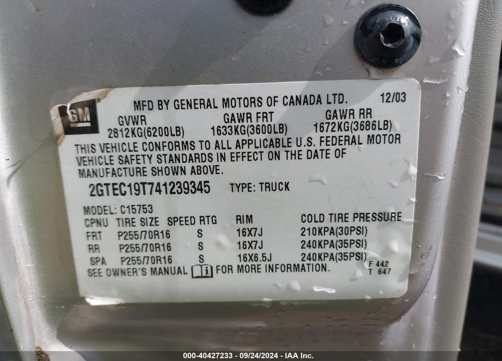 2004 GMC SIERRA 1500 SLT VIN: 2GTEC19T741239345