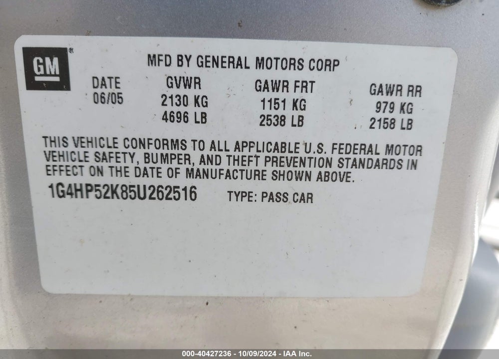 2005 BUICK LESABRE CUSTOM VIN: 1G4HP52K85U262516