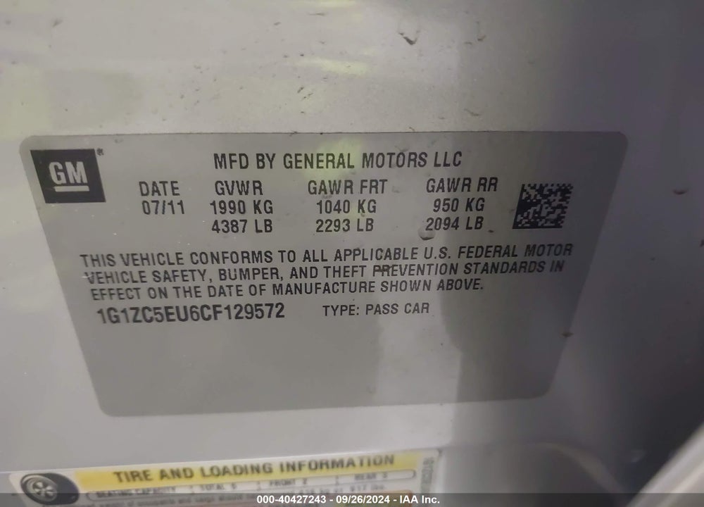 2012 CHEVROLET MALIBU 1LT VIN: 1G1ZC5EU6CF129572