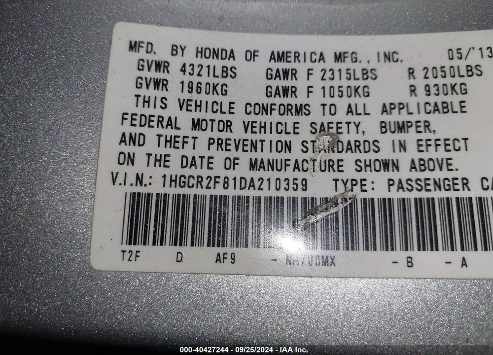 2013 HONDA ACCORD EX-L VIN: 1HGCR2F81DA210359
