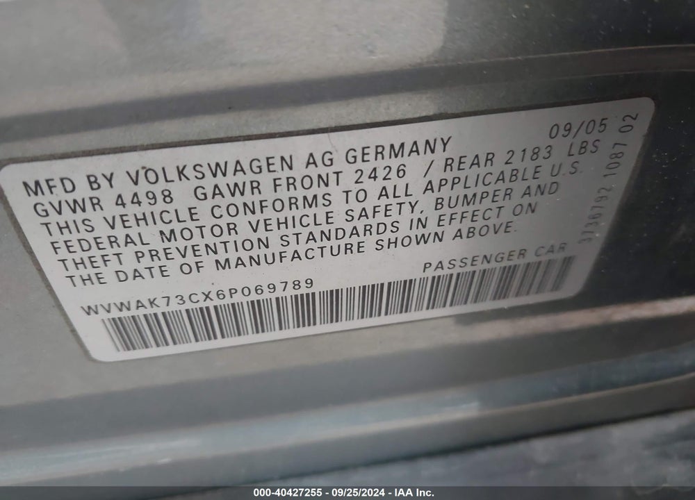 2006 VOLKSWAGEN PASSAT 2.0T/VALUE EDITION VIN: WVWAK73CX6P069789