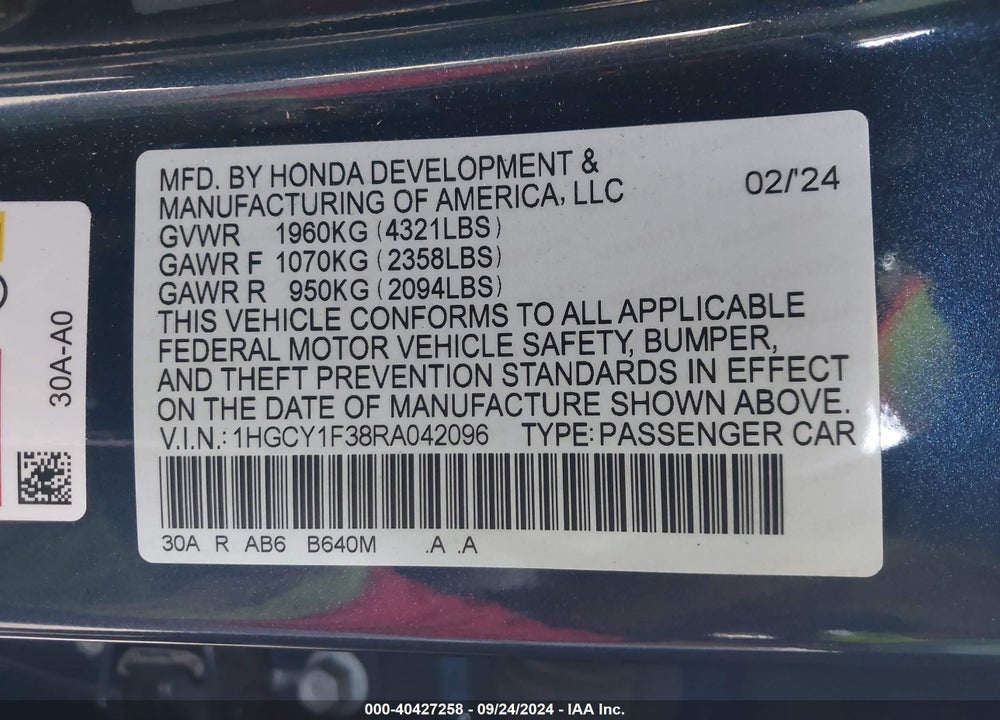2024 HONDA ACCORD EX VIN: 1HGCY1F38RA042096