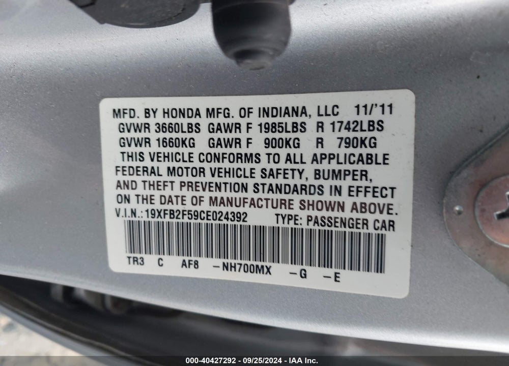 2012 HONDA CIVIC LX VIN: 19XFB2F59CE024392
