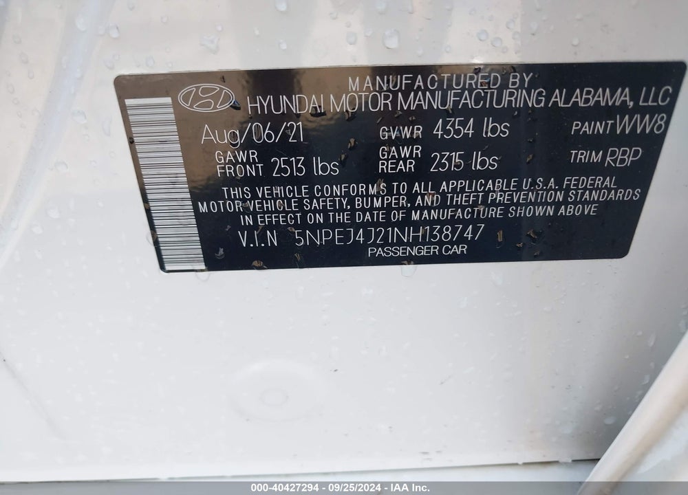 2022 HYUNDAI SONATA VIN: 5NPEJ4J21NH138747