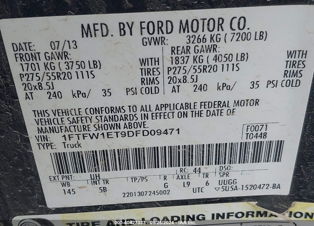 2013 FORD F-150 FX4 VIN: 1FTFW1ET9DFD09471