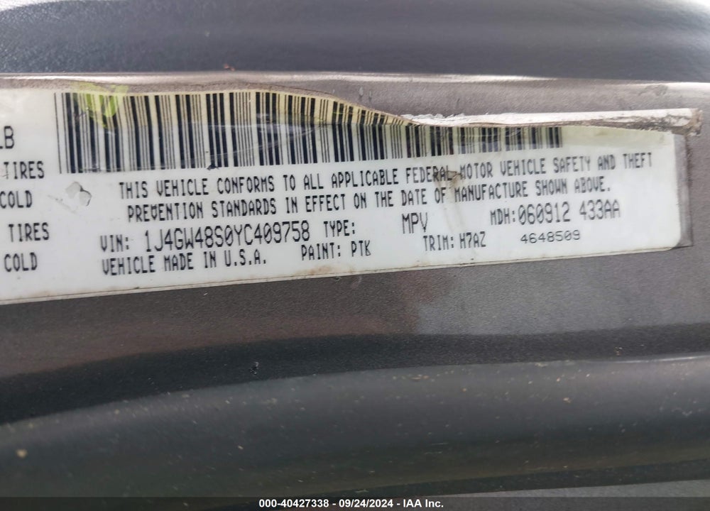2000 JEEP GRAND CHEROKEE LAREDO VIN: 1J4GW48S0YC409758