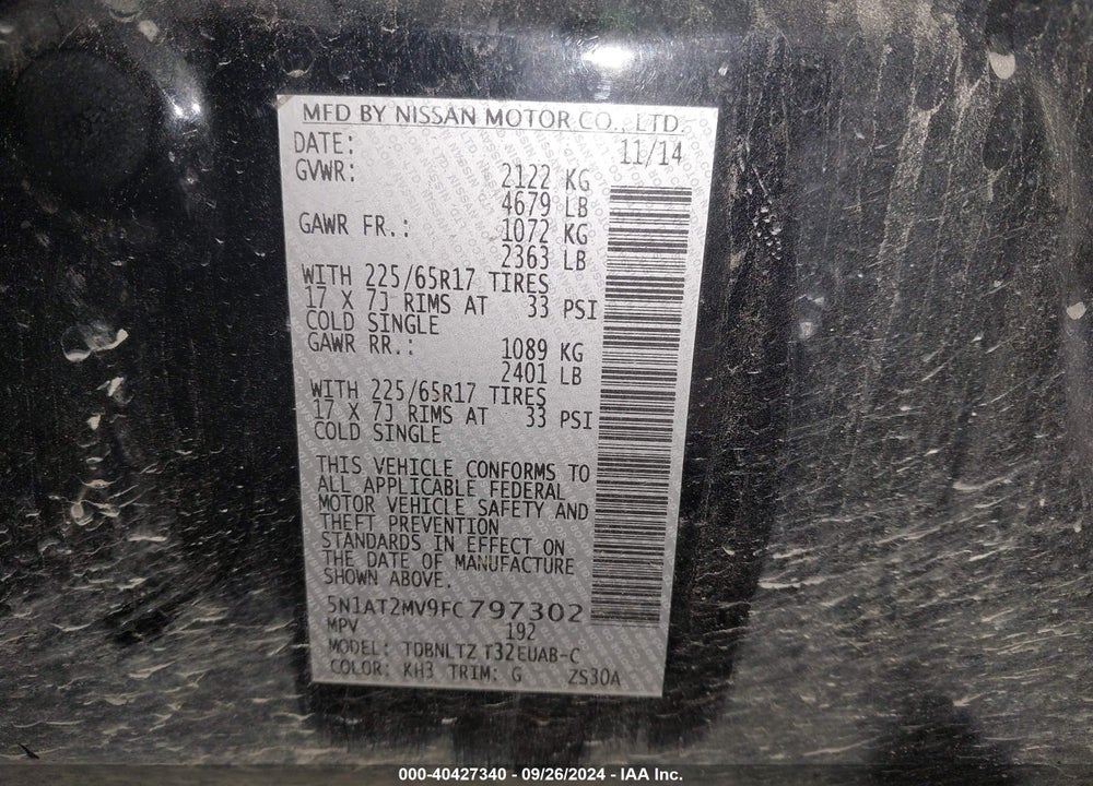 2015 NISSAN ROGUE SV VIN: 5N1AT2MV9FC797302