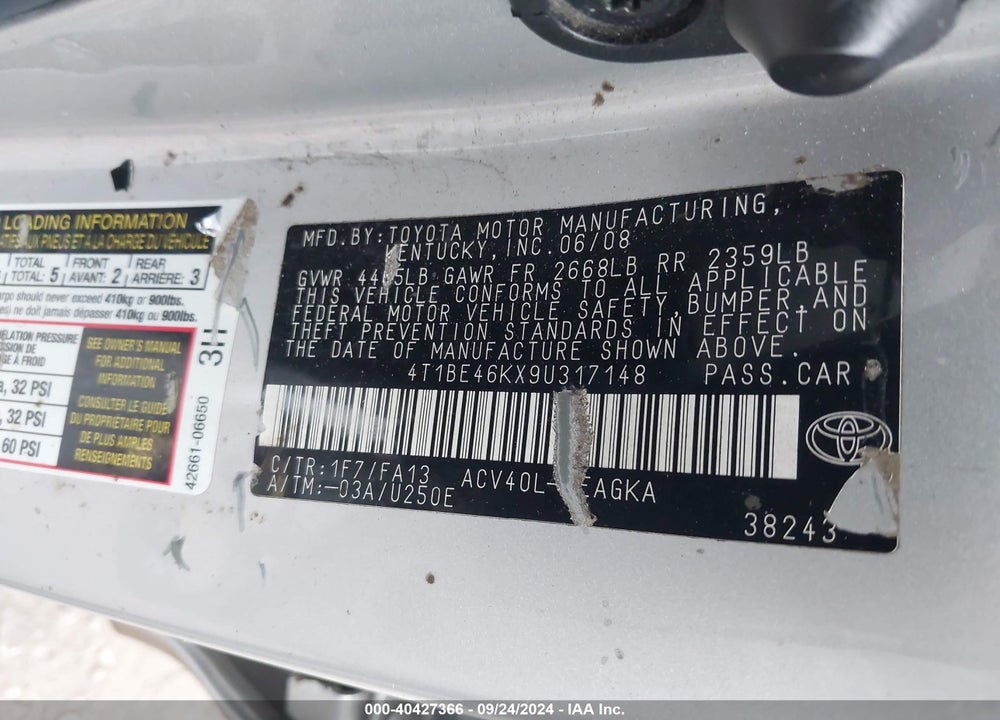 2009 TOYOTA CAMRY XLE VIN: 4T1BE46KX9U317148