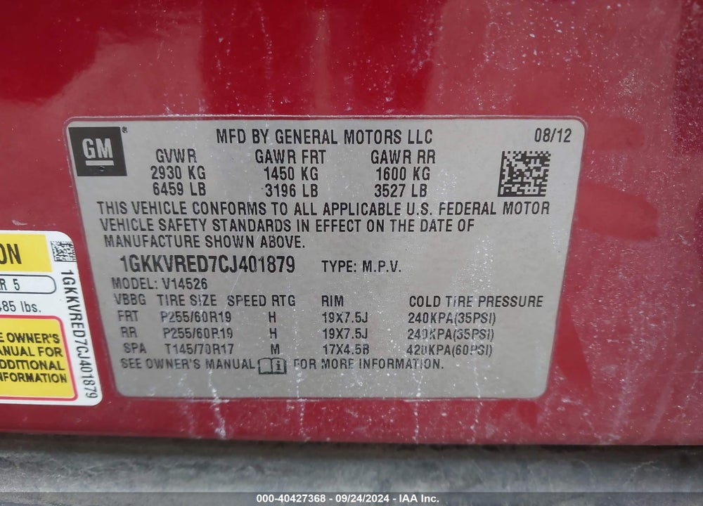 2012 GMC ACADIA SLT-1 VIN: 1GKKVRED7CJ401879