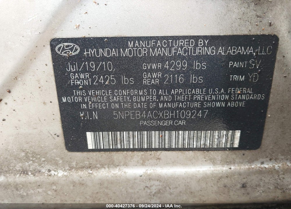 2011 HYUNDAI SONATA GLS VIN: 5NPEB4ACXBH109247