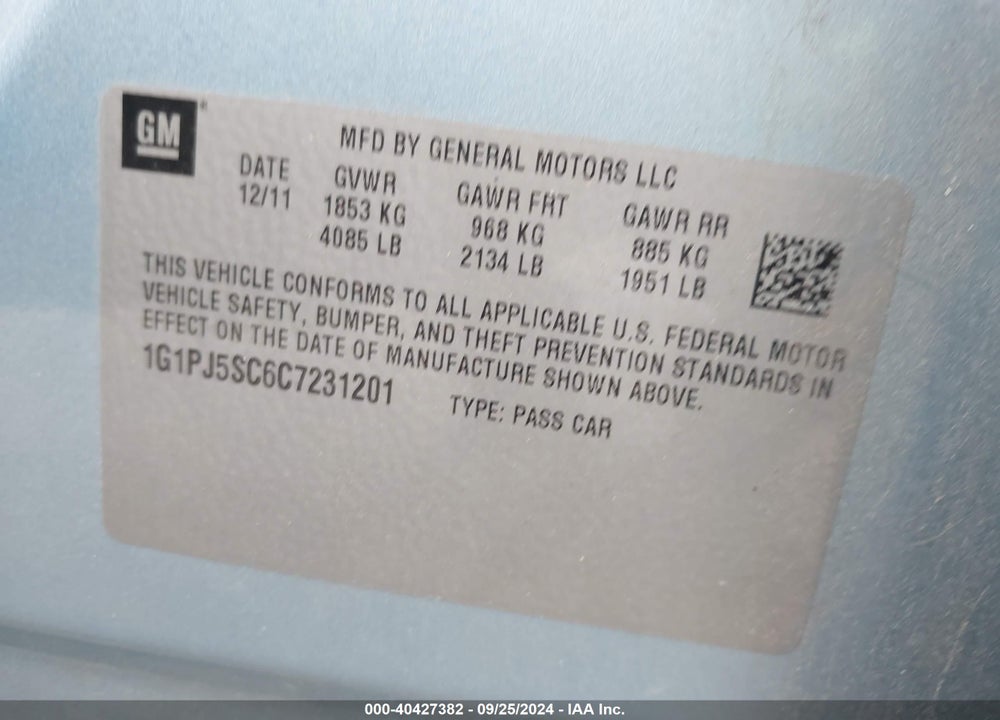 2012 CHEVROLET CRUZE VIN: 1G1PJ5SC6C7231201
