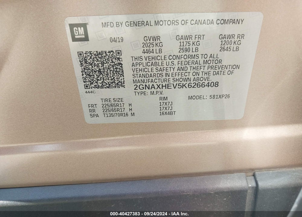 2019 CHEVROLET EQUINOX LS VIN: 2GNAXHEV5K6266408