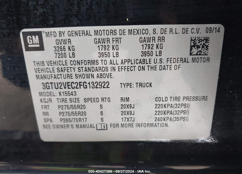 2015 GMC SIERRA 1500 SLT VIN: 3GTU2VEC2FG132922