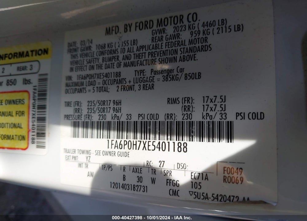 2014 FORD FUSION SE VIN: 1FA6P0H7XE5401188