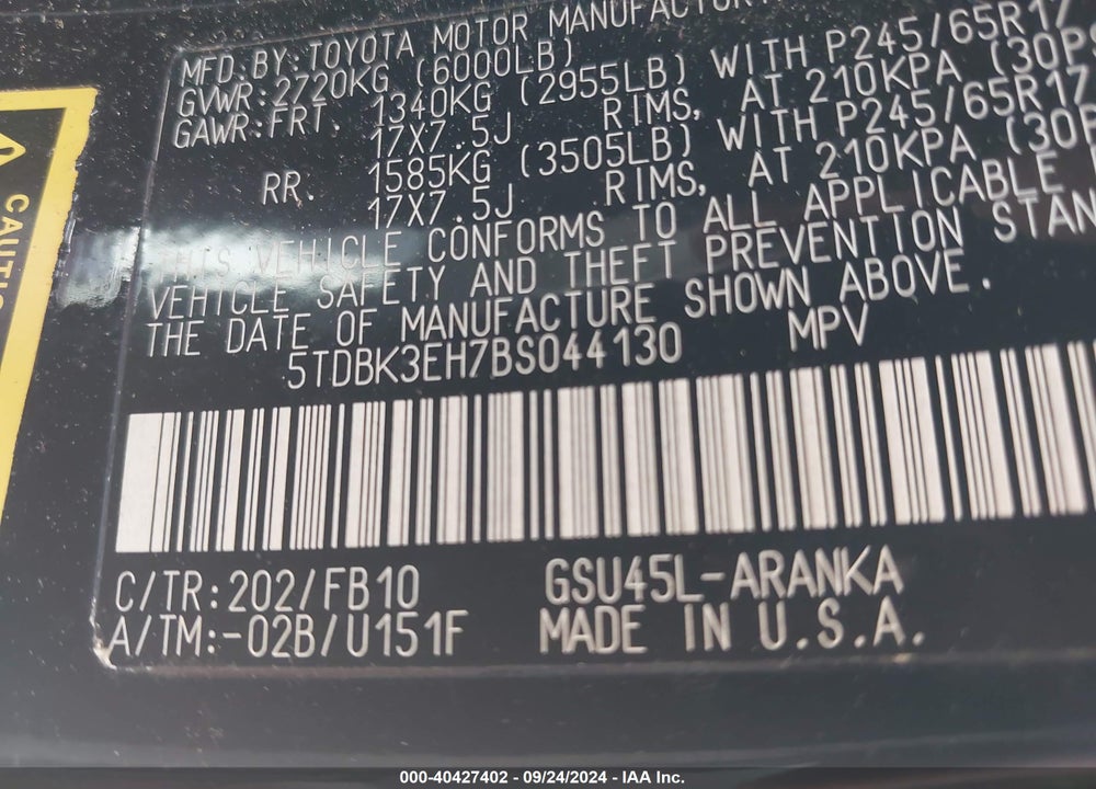2011 TOYOTA HIGHLANDER BASE V6 VIN: 5TDBK3EH7BS044130