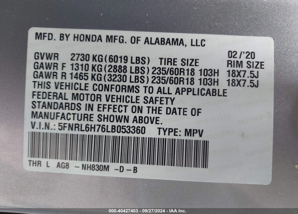 2020 HONDA ODYSSEY EX-L/EX-L W/NAVI RES VIN: 5FNRL6H76LB053360