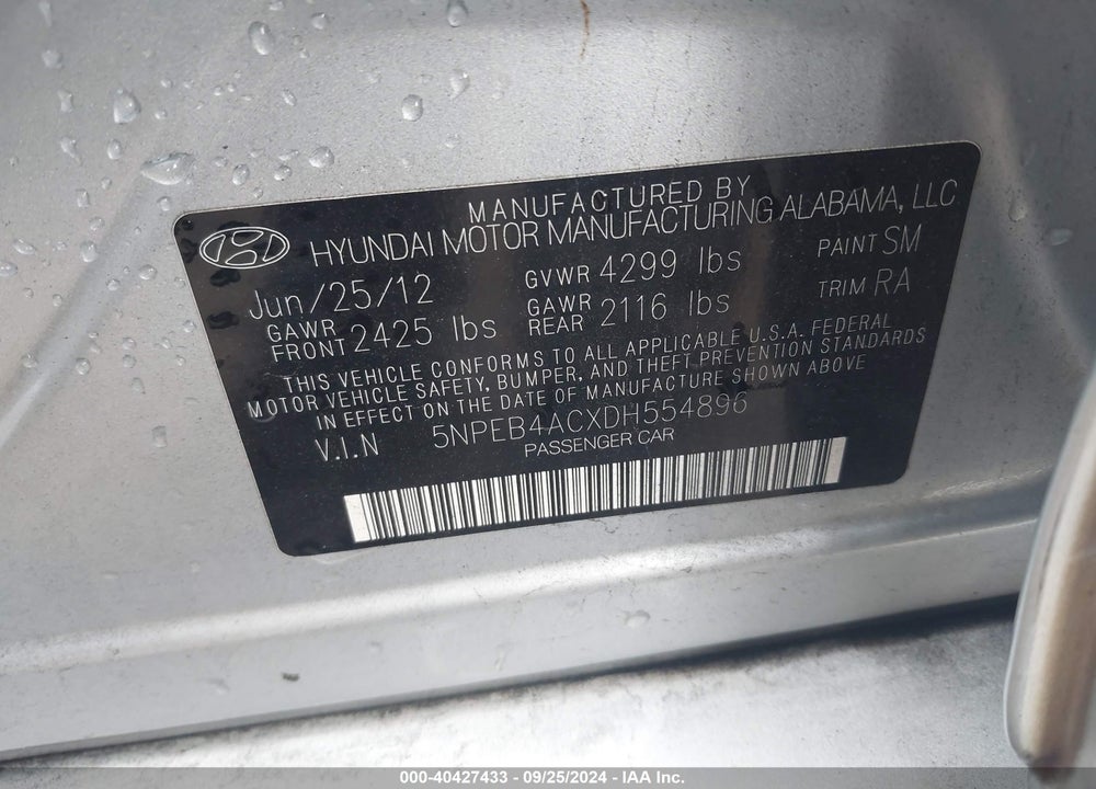 2013 HYUNDAI SONATA GLS VIN: 5NPEB4ACXDH554896