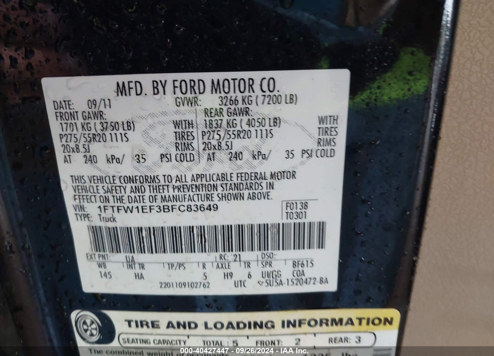 2011 FORD F-150 LARIAT VIN: 1FTFW1EF3BFC83649