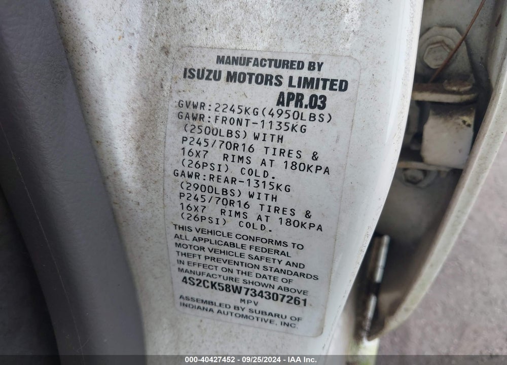 2003 ISUZU RODEO S 3.2L V6 VIN: 4S2CK58W734307261