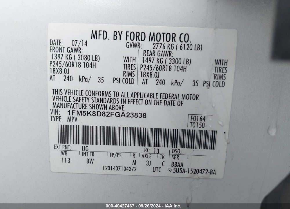 2015 FORD EXPLORER XLT VIN: 1FM5K8D82FGA23838