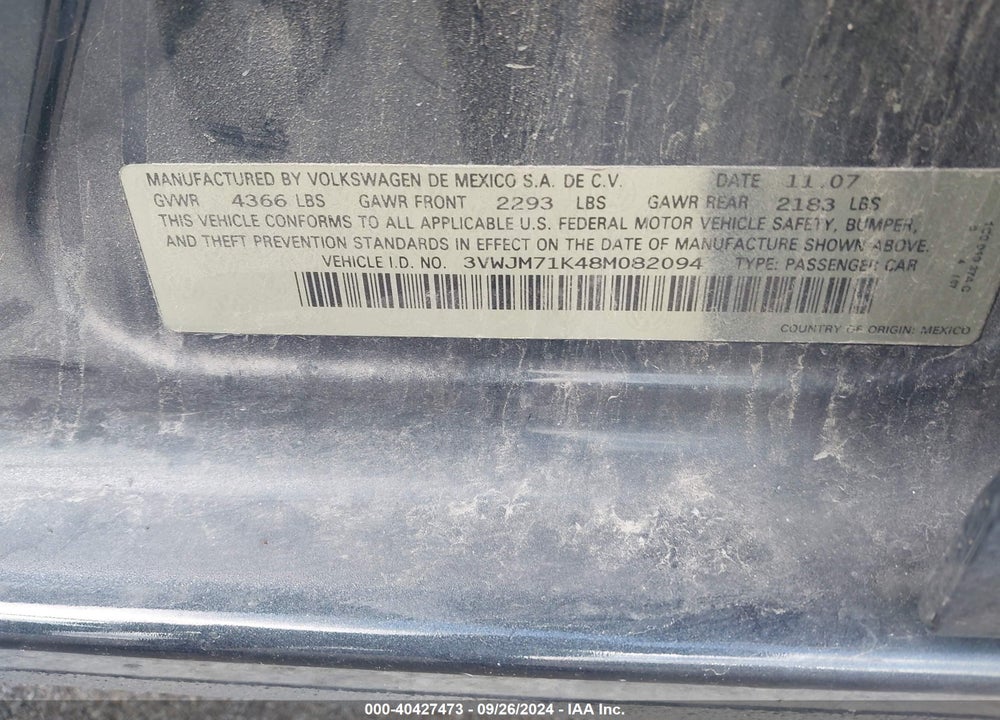 2008 VOLKSWAGEN JETTA SEDAN VIN: 3VWJM71K48M082094
