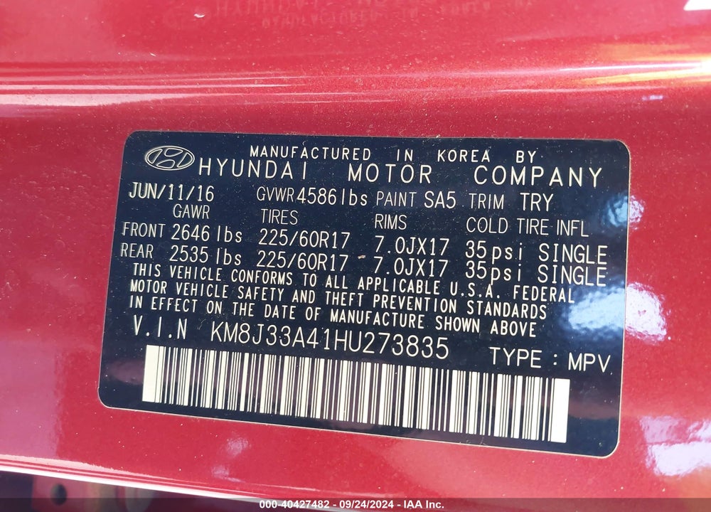 2017 HYUNDAI TUCSON SE VIN: KM8J33A41HU273835