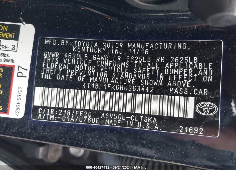 2017 TOYOTA CAMRY SE VIN: 4T1BF1FK6HU363442