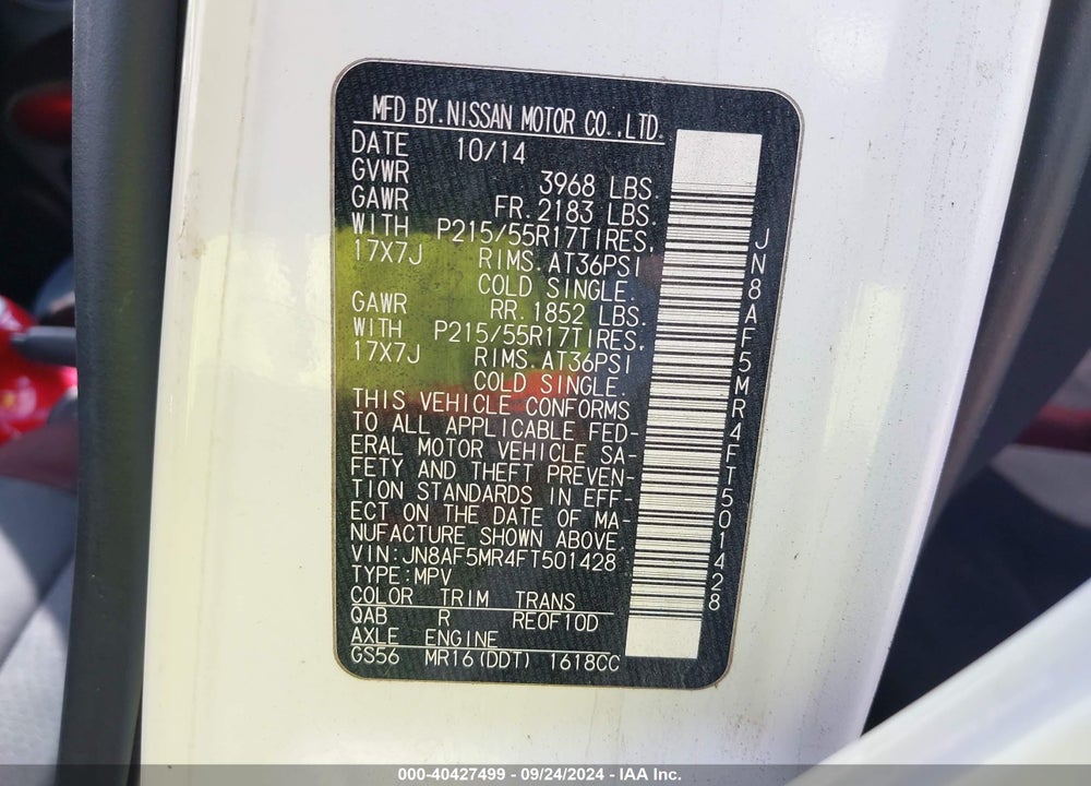 2015 NISSAN JUKE SV VIN: JN8AF5MR4FT501428