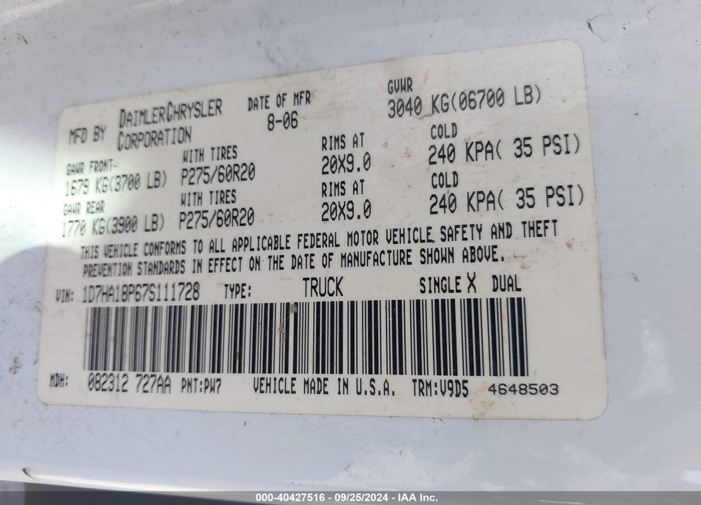 2007 DODGE RAM 1500 SLT VIN: 1D7HA18P67S111728