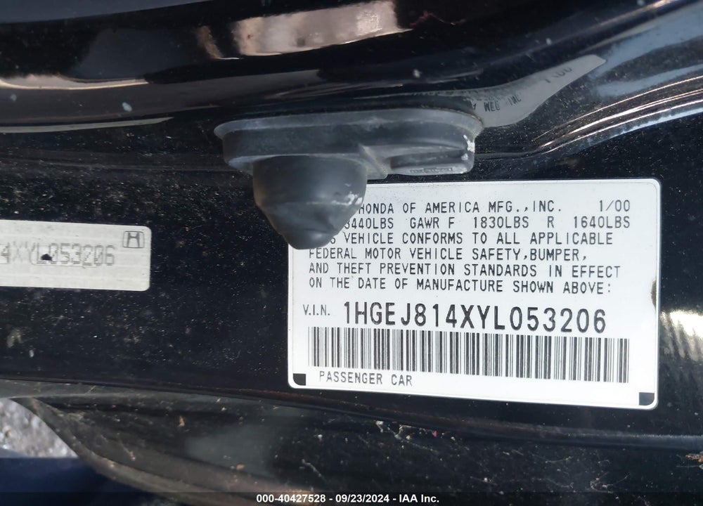 2000 HONDA CIVIC EX VIN: 1HGEJ814XYL053206