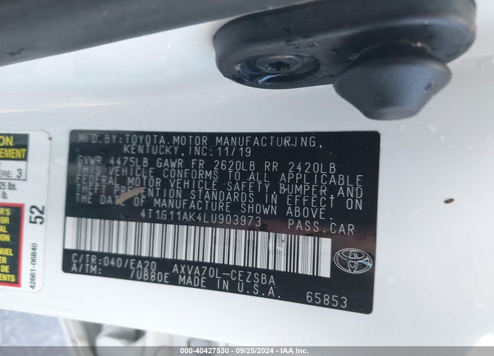 2020 TOYOTA CAMRY SE VIN: 4T1G11AK4LU903973